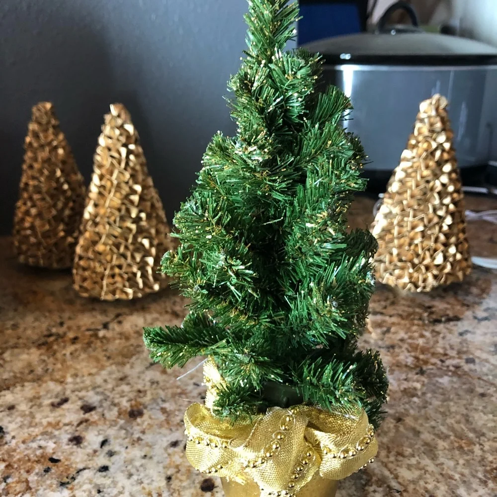 Crate& Barrel Christmas gold trees NWT and small evergreen tree